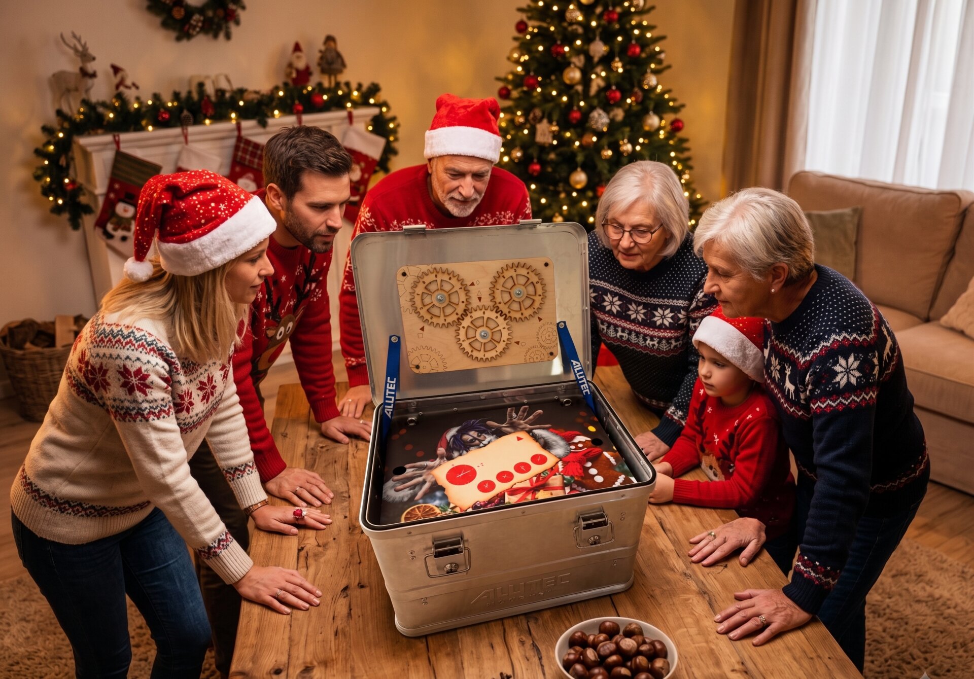 Gruppe mit Weihnachtsmützen steht gemeinsam am geöffneten Rätselkoffer